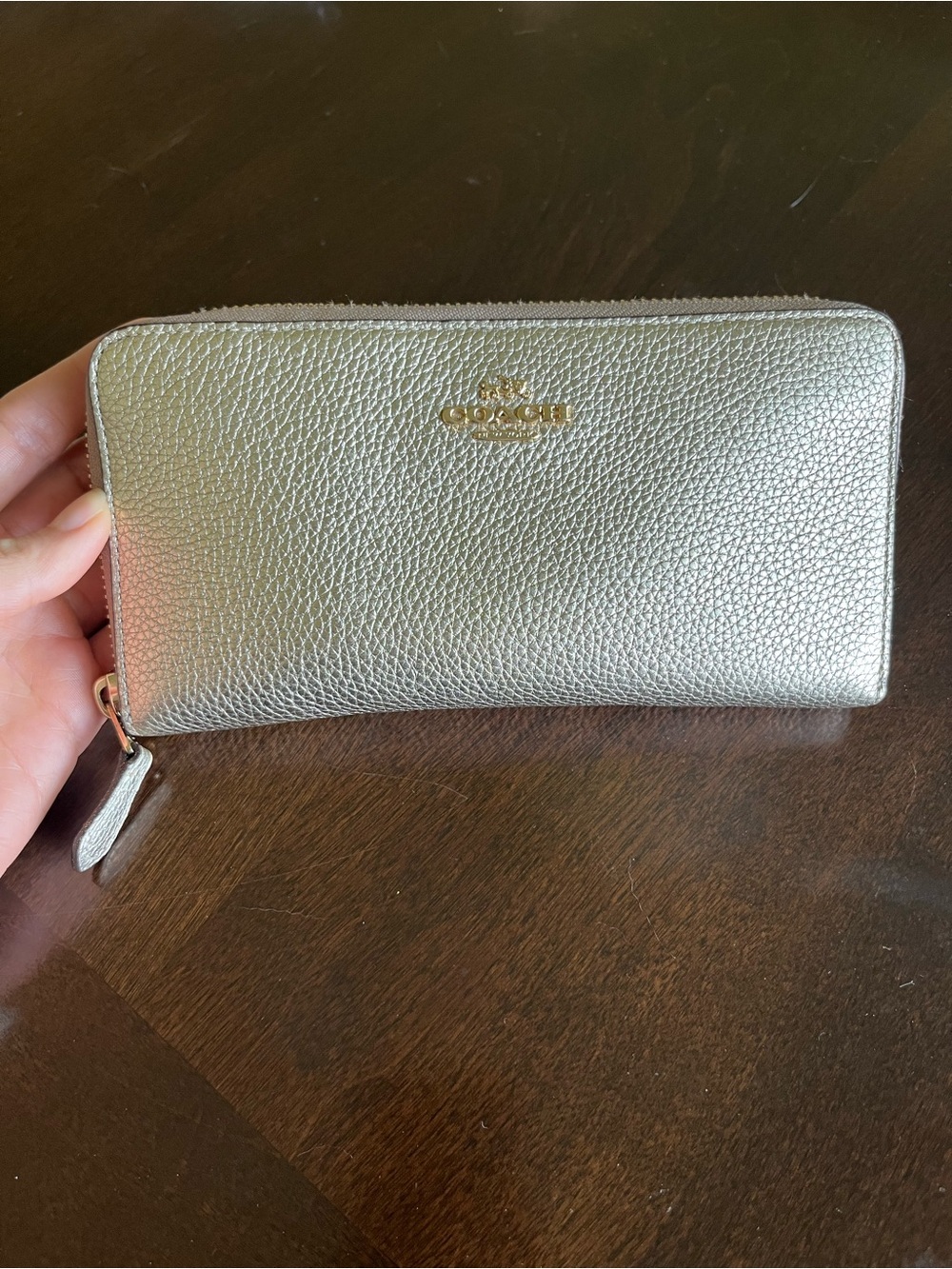Coach Metallic Silver Zip-Around Pebbled Leather Wallet